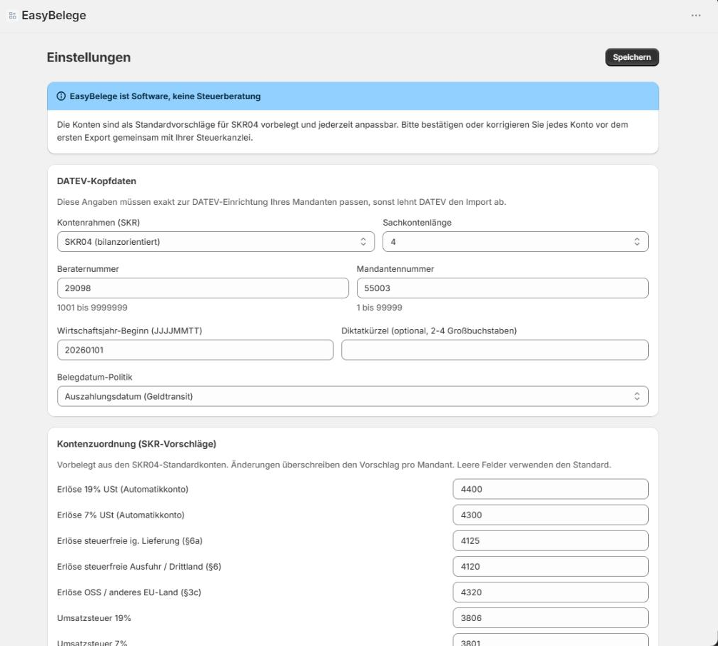 EasyBelege im Shopify-Adminbereich: DATEV-Kopfdaten und SKR-Kontenzuordnung